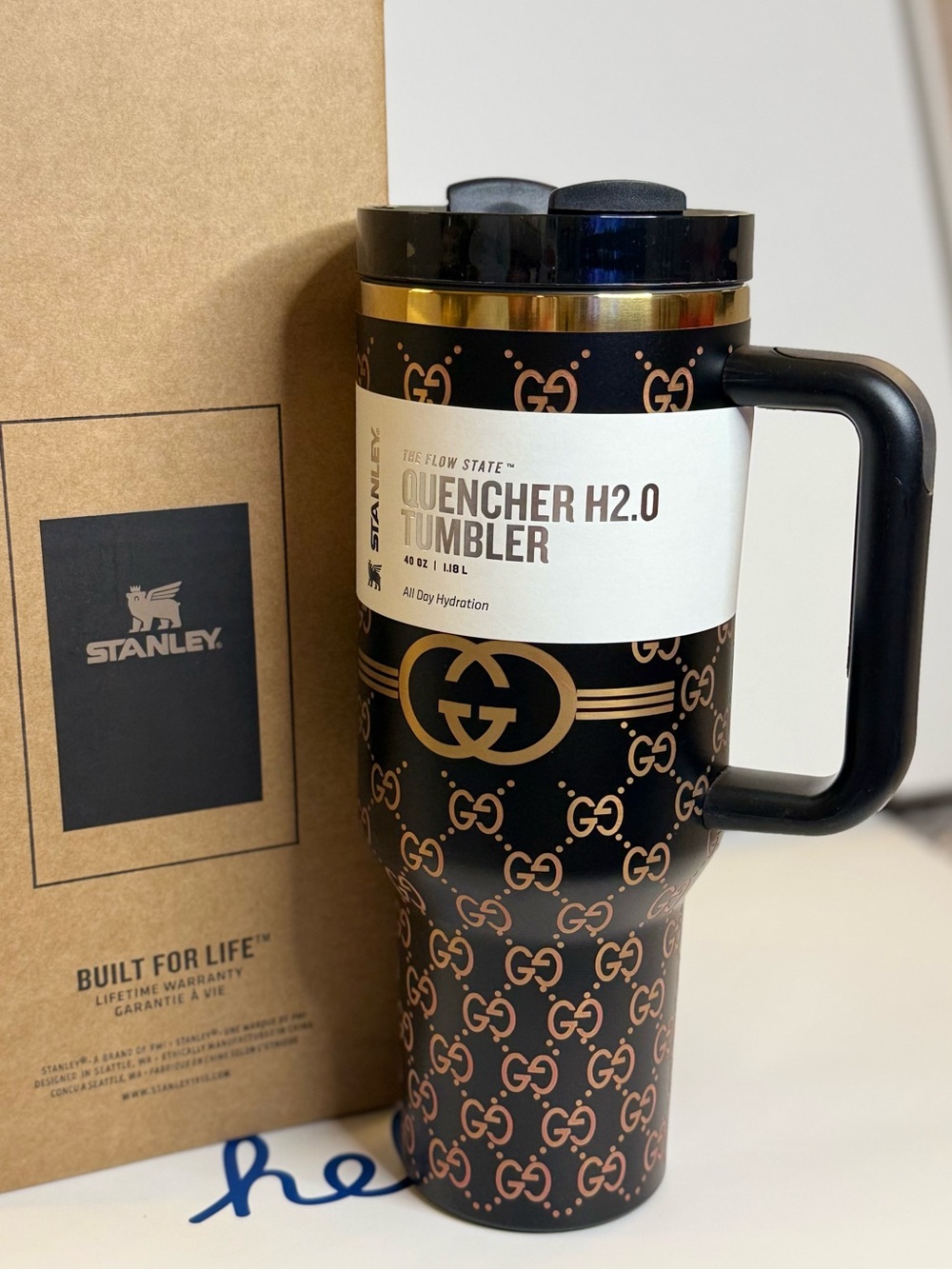 Stanley Quencher H2.0 Tumbler - Black & Gold Monogram